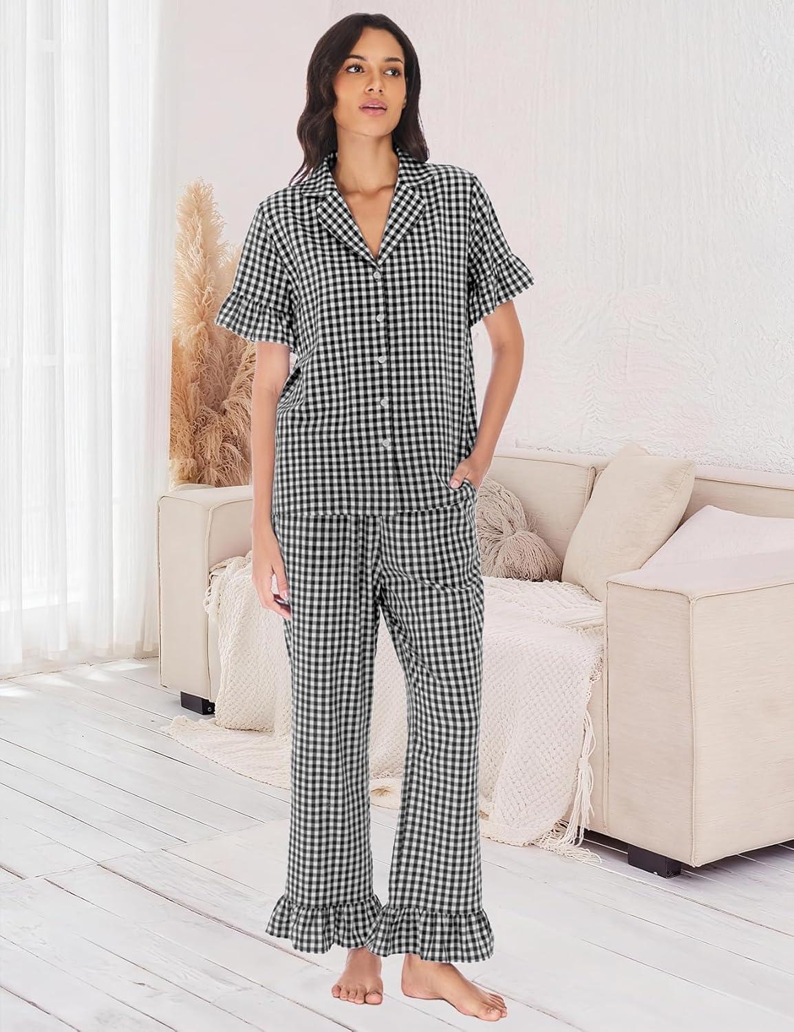 imageFlygo Womens Plaid Pajamas Sets 2 Piece Cotton Pj Set Ruffled Sleeve Button Down Shirt Gingham Pants Lounge SetsBlack