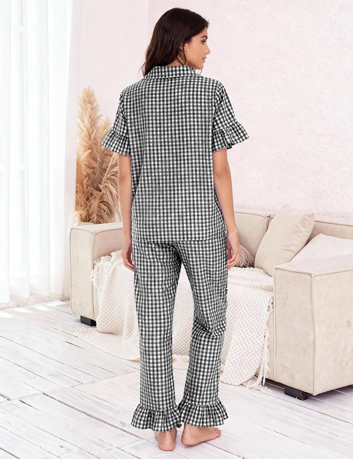 imageFlygo Womens Plaid Pajamas Sets 2 Piece Cotton Pj Set Ruffled Sleeve Button Down Shirt Gingham Pants Lounge SetsBlack