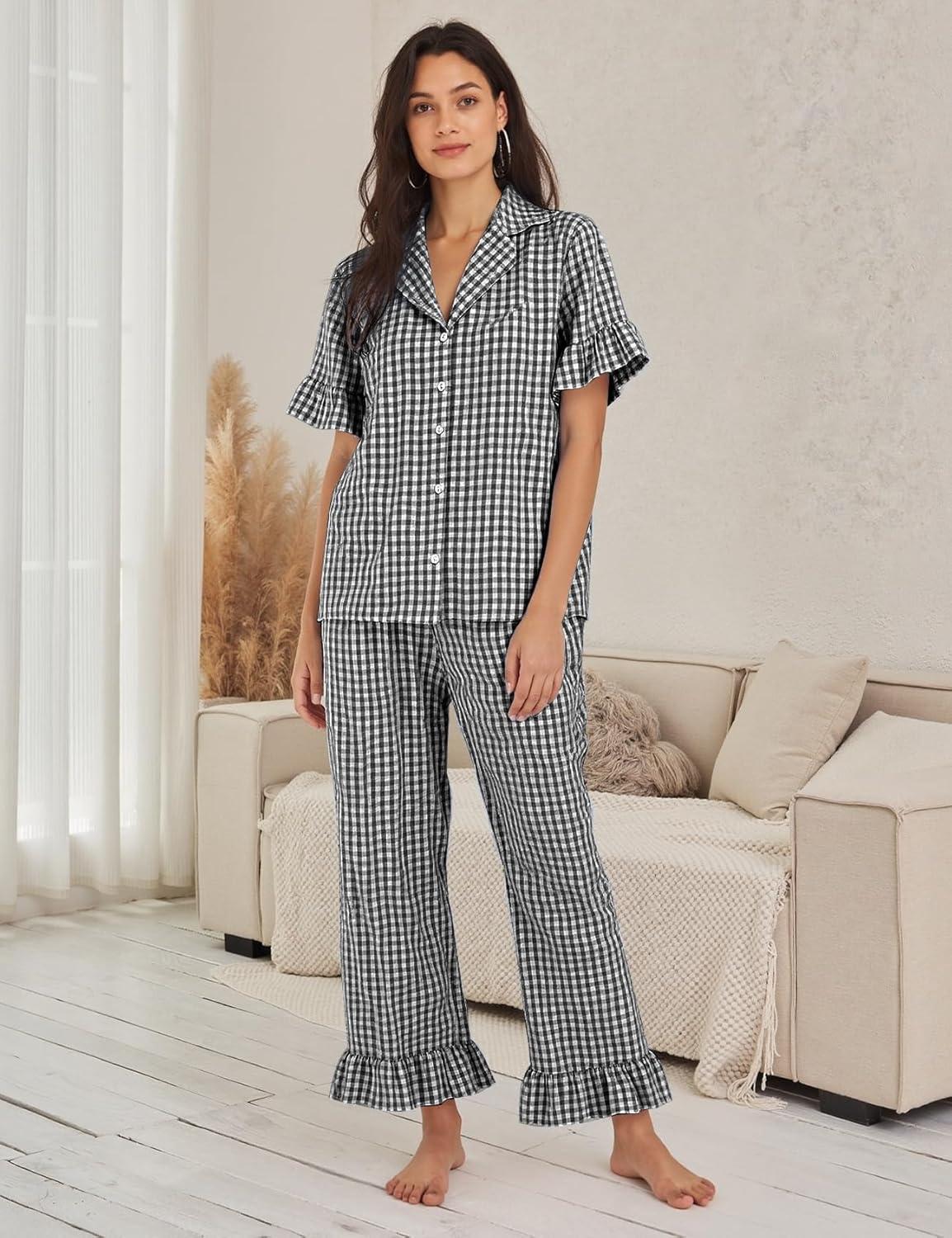 imageFlygo Womens Plaid Pajamas Sets 2 Piece Cotton Pj Set Ruffled Sleeve Button Down Shirt Gingham Pants Lounge SetsBlack