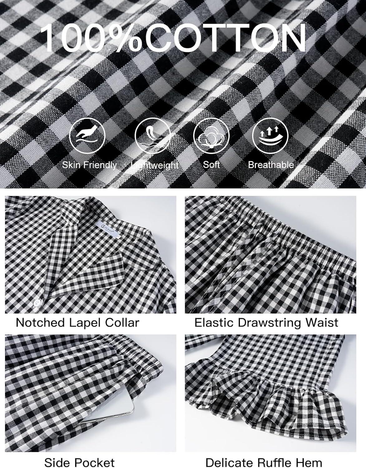 imageFlygo Womens Plaid Pajamas Sets 2 Piece Cotton Pj Set Ruffled Sleeve Button Down Shirt Gingham Pants Lounge SetsBlack
