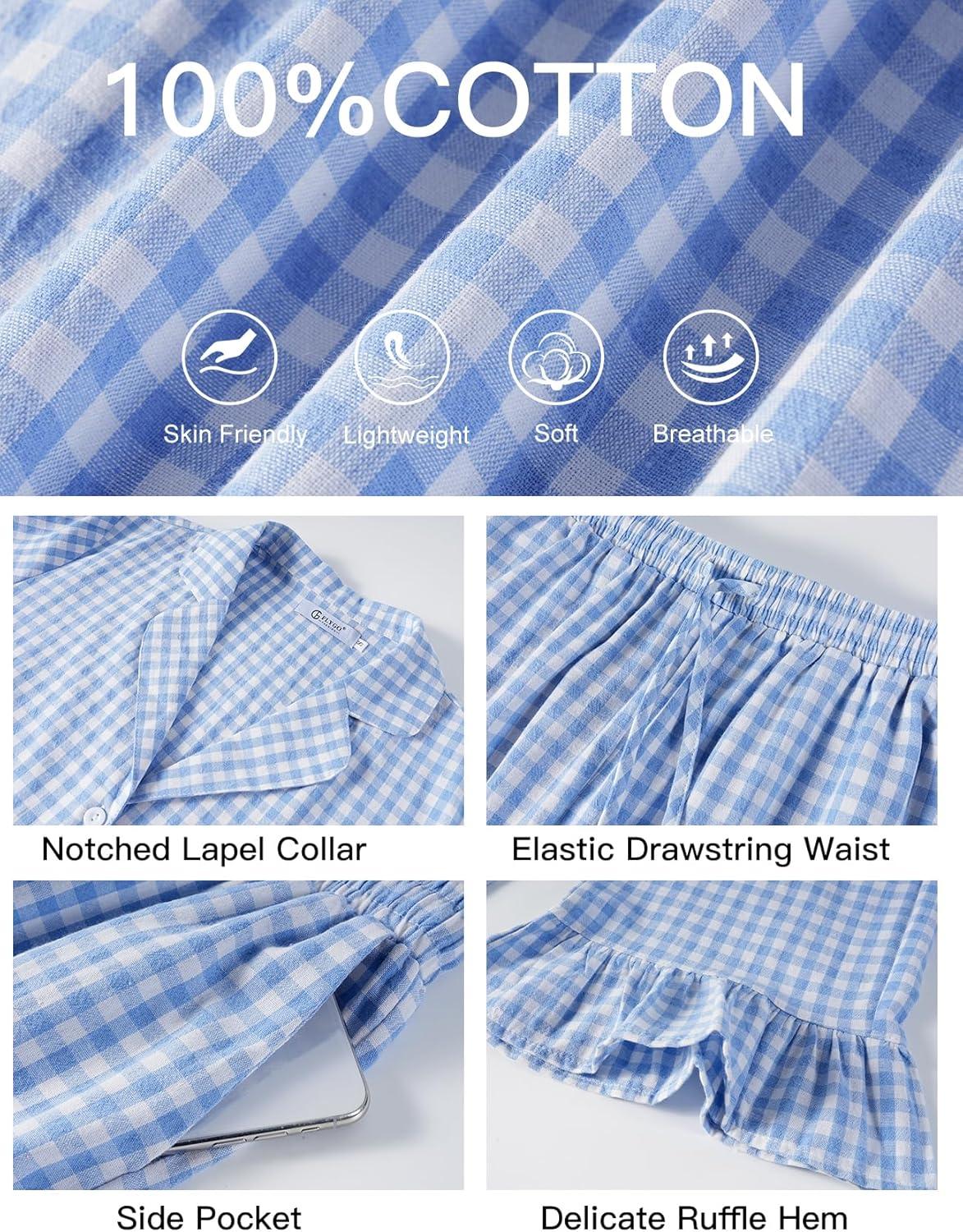 imageFlygo Womens Plaid Pajamas Sets 2 Piece Cotton Pj Set Ruffled Sleeve Button Down Shirt Gingham Pants Lounge SetsBlue
