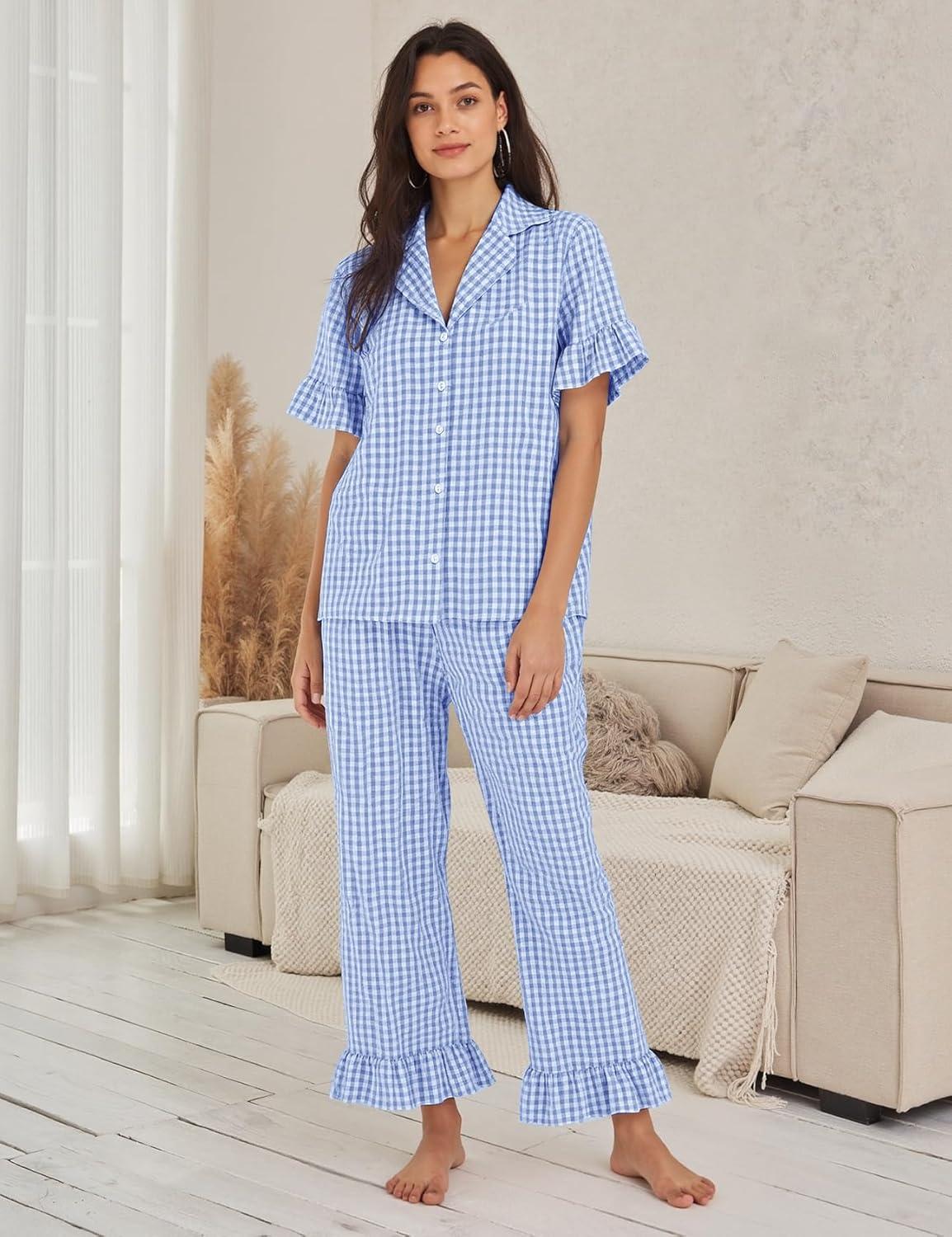 imageFlygo Womens Plaid Pajamas Sets 2 Piece Cotton Pj Set Ruffled Sleeve Button Down Shirt Gingham Pants Lounge SetsBlue