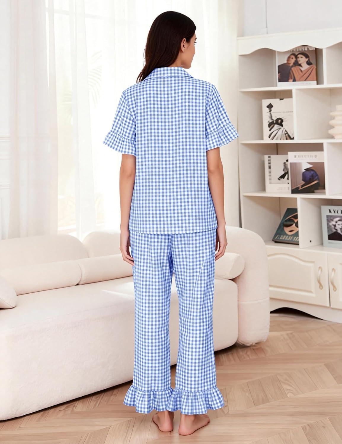 imageFlygo Womens Plaid Pajamas Sets 2 Piece Cotton Pj Set Ruffled Sleeve Button Down Shirt Gingham Pants Lounge SetsBlue