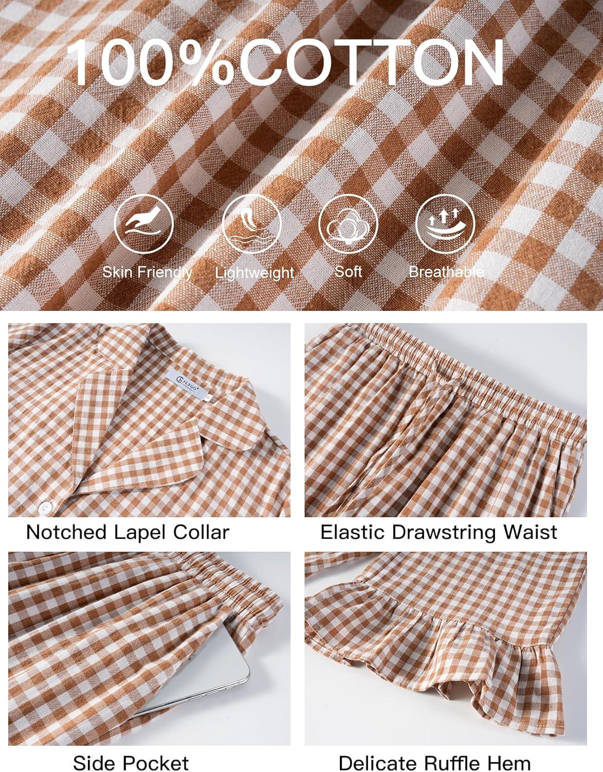 imageFlygo Womens Plaid Pajamas Sets 2 Piece Cotton Pj Set Ruffled Sleeve Button Down Shirt Gingham Pants Lounge SetsBrown