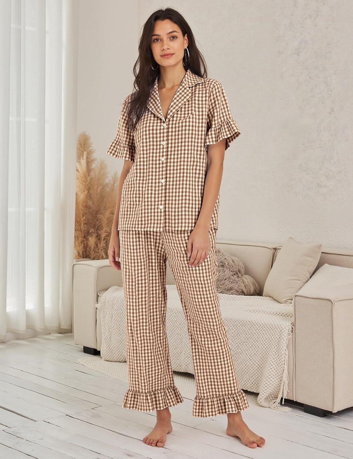 imageFlygo Womens Plaid Pajamas Sets 2 Piece Cotton Pj Set Ruffled Sleeve Button Down Shirt Gingham Pants Lounge SetsBrown