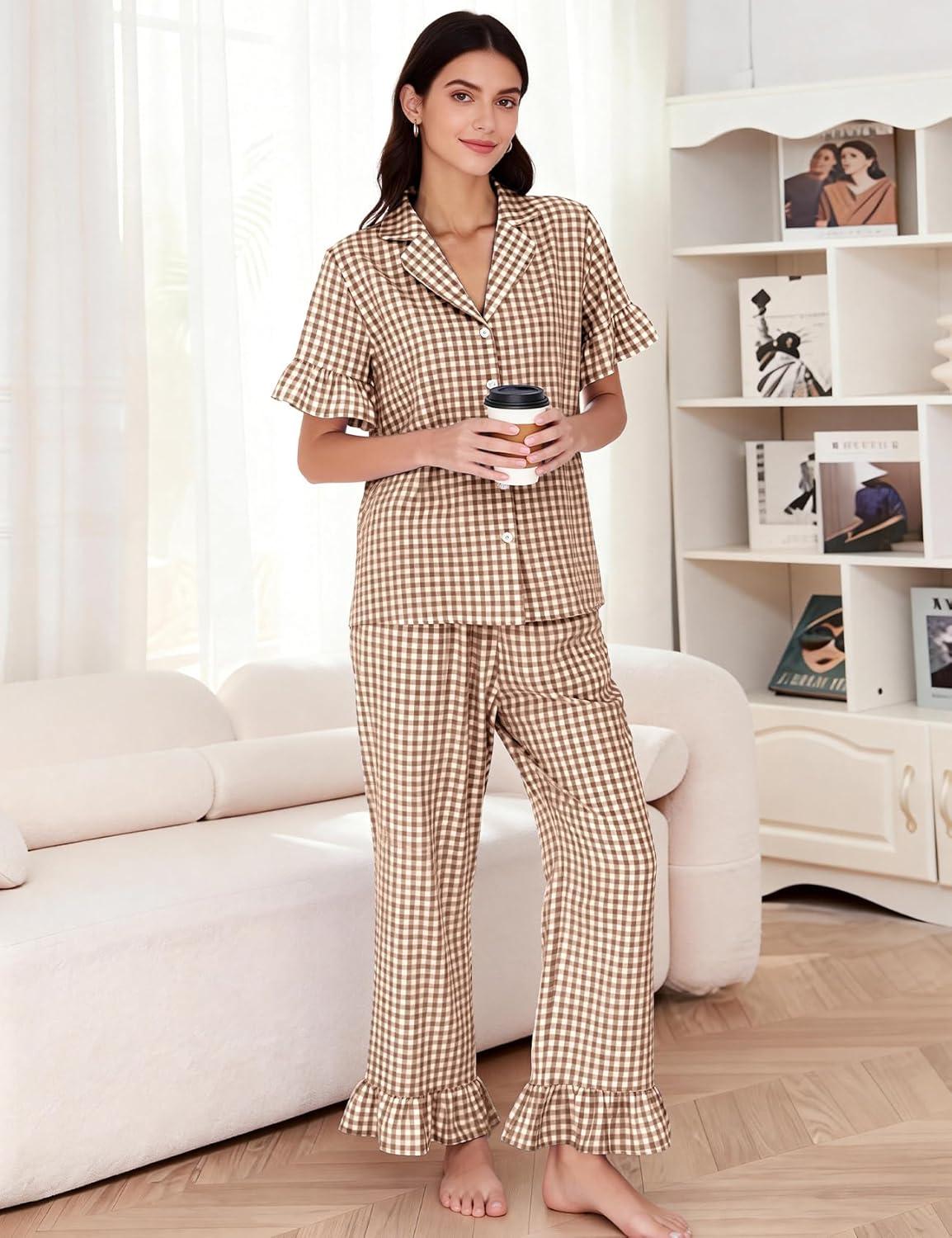imageFlygo Womens Plaid Pajamas Sets 2 Piece Cotton Pj Set Ruffled Sleeve Button Down Shirt Gingham Pants Lounge SetsBrown