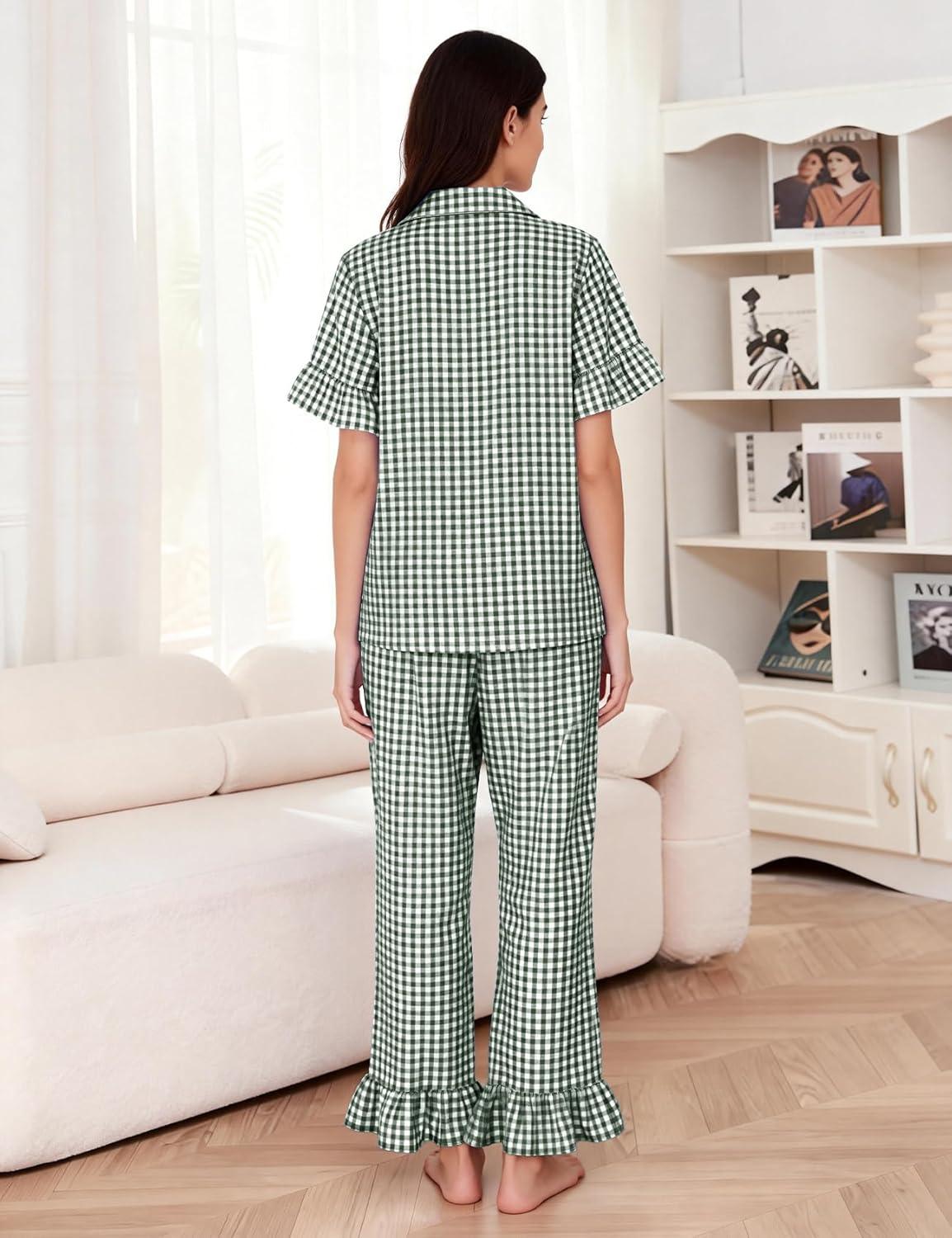 imageFlygo Womens Plaid Pajamas Sets 2 Piece Cotton Pj Set Ruffled Sleeve Button Down Shirt Gingham Pants Lounge SetsDark Green
