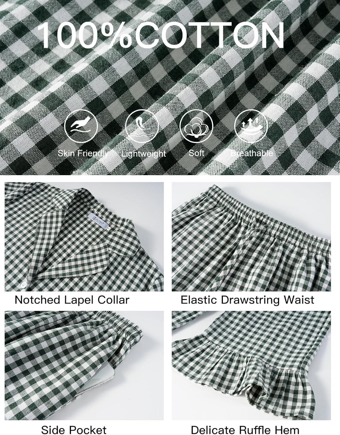 imageFlygo Womens Plaid Pajamas Sets 2 Piece Cotton Pj Set Ruffled Sleeve Button Down Shirt Gingham Pants Lounge SetsDark Green