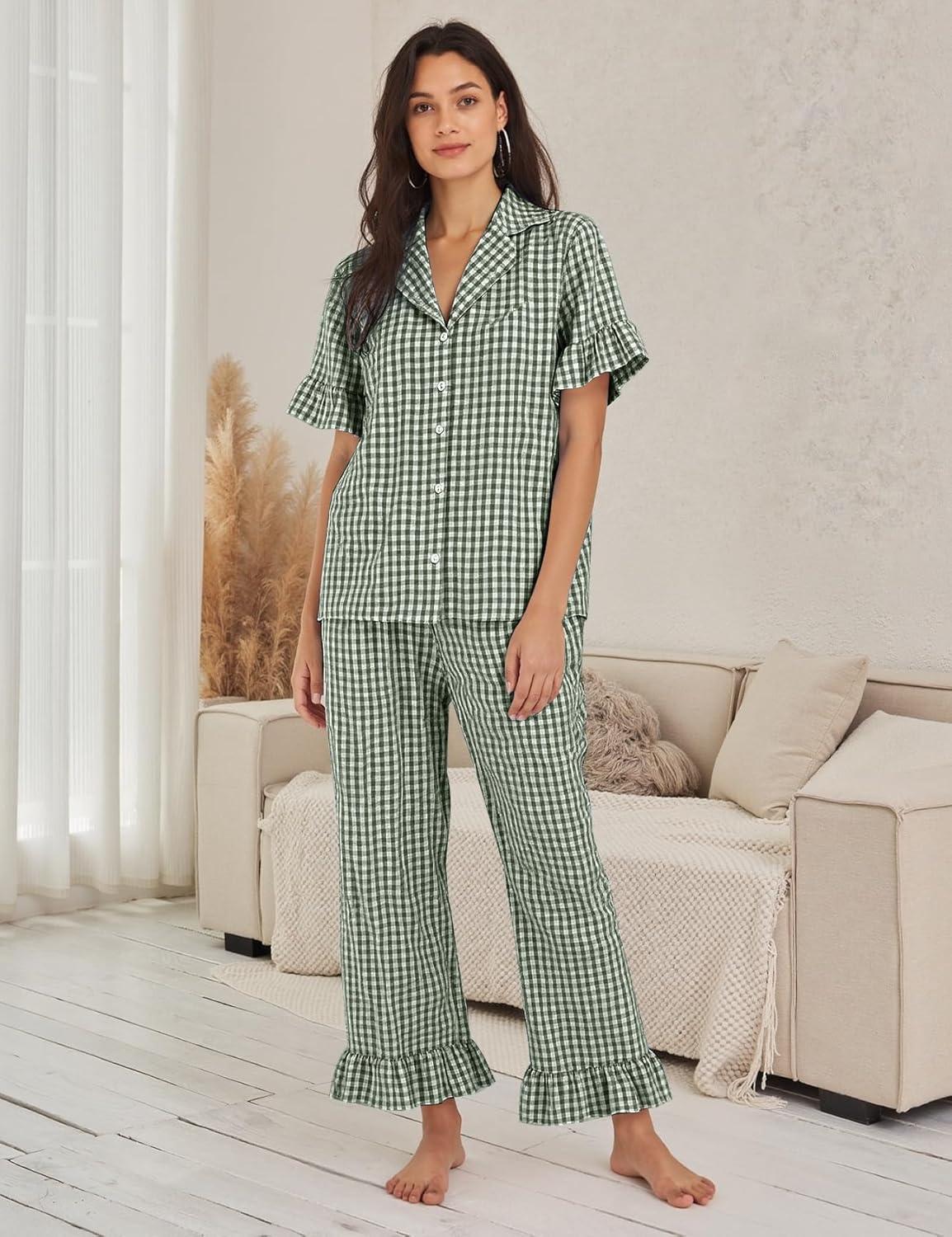 imageFlygo Womens Plaid Pajamas Sets 2 Piece Cotton Pj Set Ruffled Sleeve Button Down Shirt Gingham Pants Lounge SetsDark Green