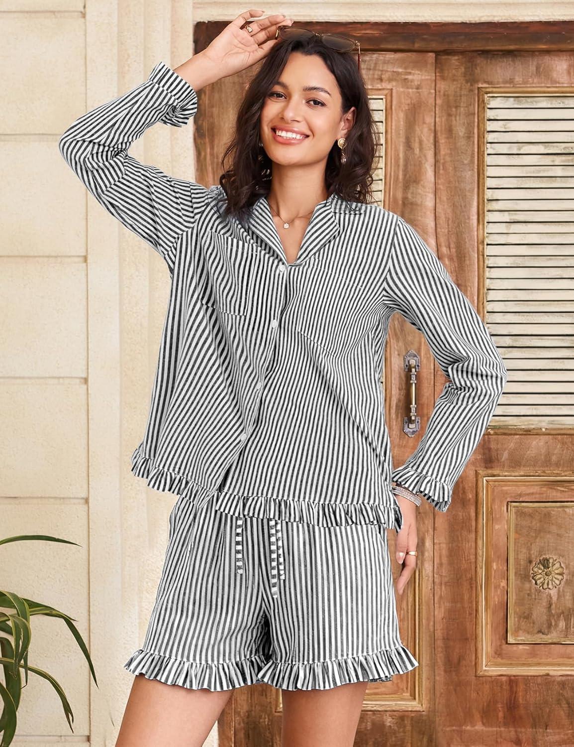 imageFlygo Womens Striped Pajama Sets 2 Piece Cotton Long Sleeve Tops and Pj Shorts Sets Casual Lounge Button Down Cozy SleepwearBlack