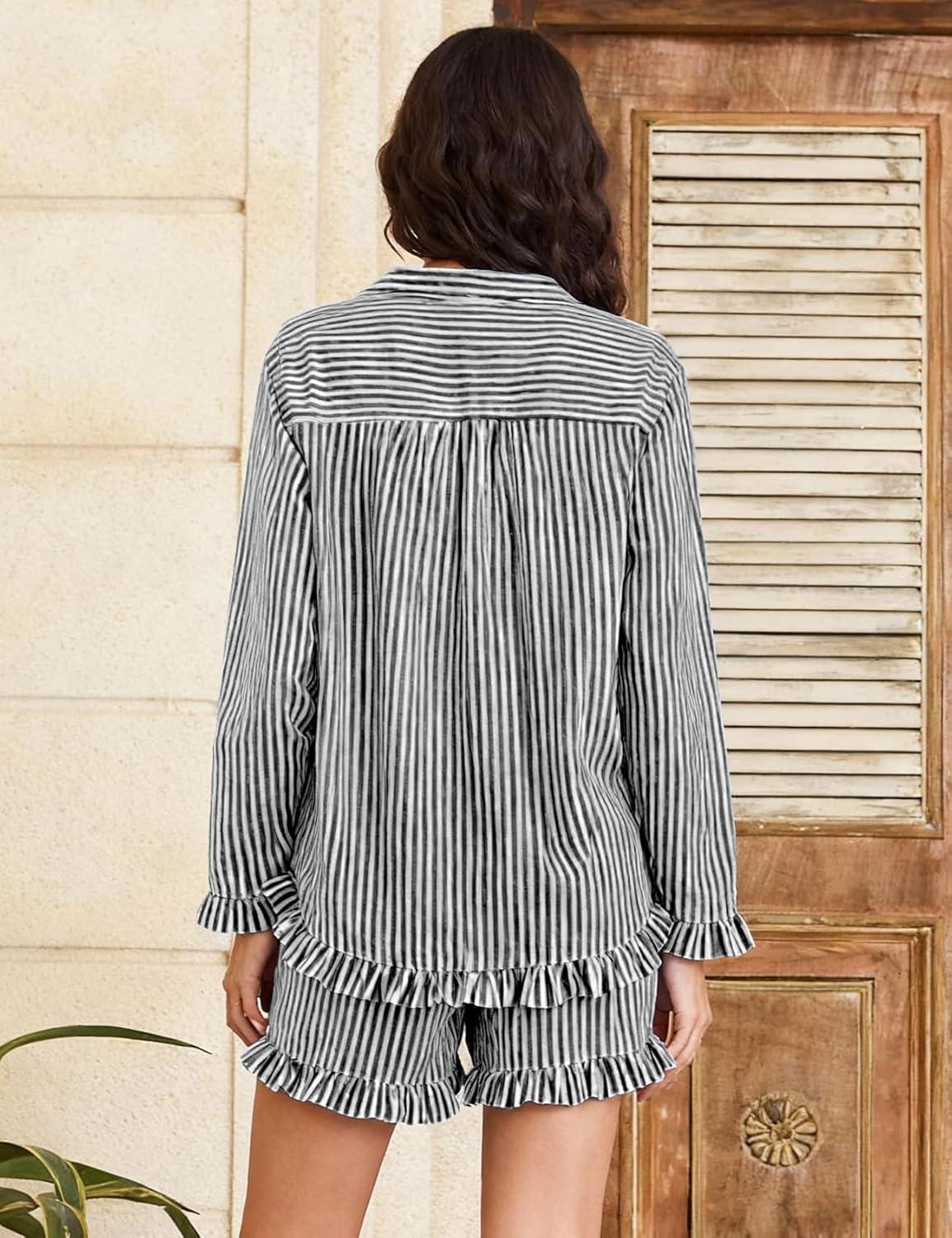 imageFlygo Womens Striped Pajama Sets 2 Piece Cotton Long Sleeve Tops and Pj Shorts Sets Casual Lounge Button Down Cozy SleepwearBlack