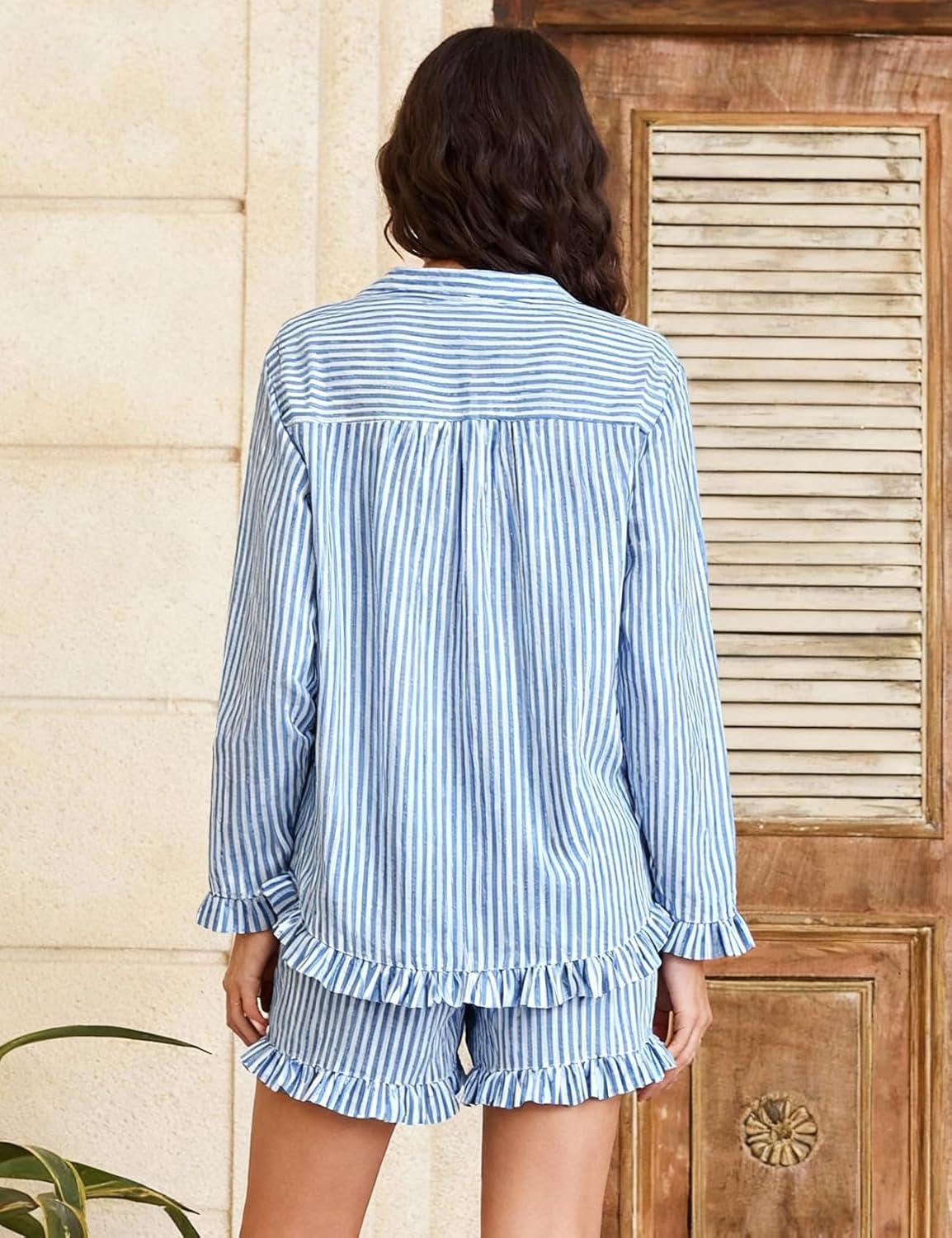 imageFlygo Womens Striped Pajama Sets 2 Piece Cotton Long Sleeve Tops and Pj Shorts Sets Casual Lounge Button Down Cozy SleepwearBlue