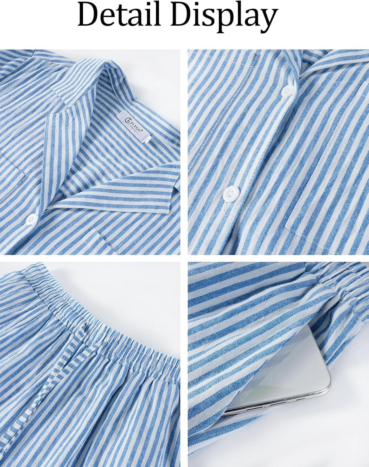 imageFlygo Womens Striped Pajama Sets 2 Piece Cotton Long Sleeve Tops and Pj Shorts Sets Casual Lounge Button Down Cozy SleepwearBlue