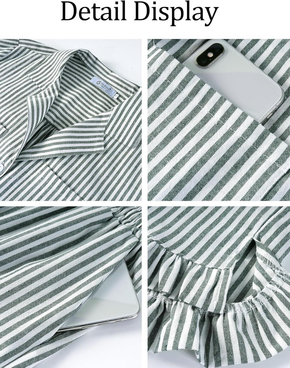 imageFlygo Womens Striped Pajama Sets 2 Piece Cotton Long Sleeve Tops and Pj Shorts Sets Casual Lounge Button Down Cozy SleepwearDarkgreen