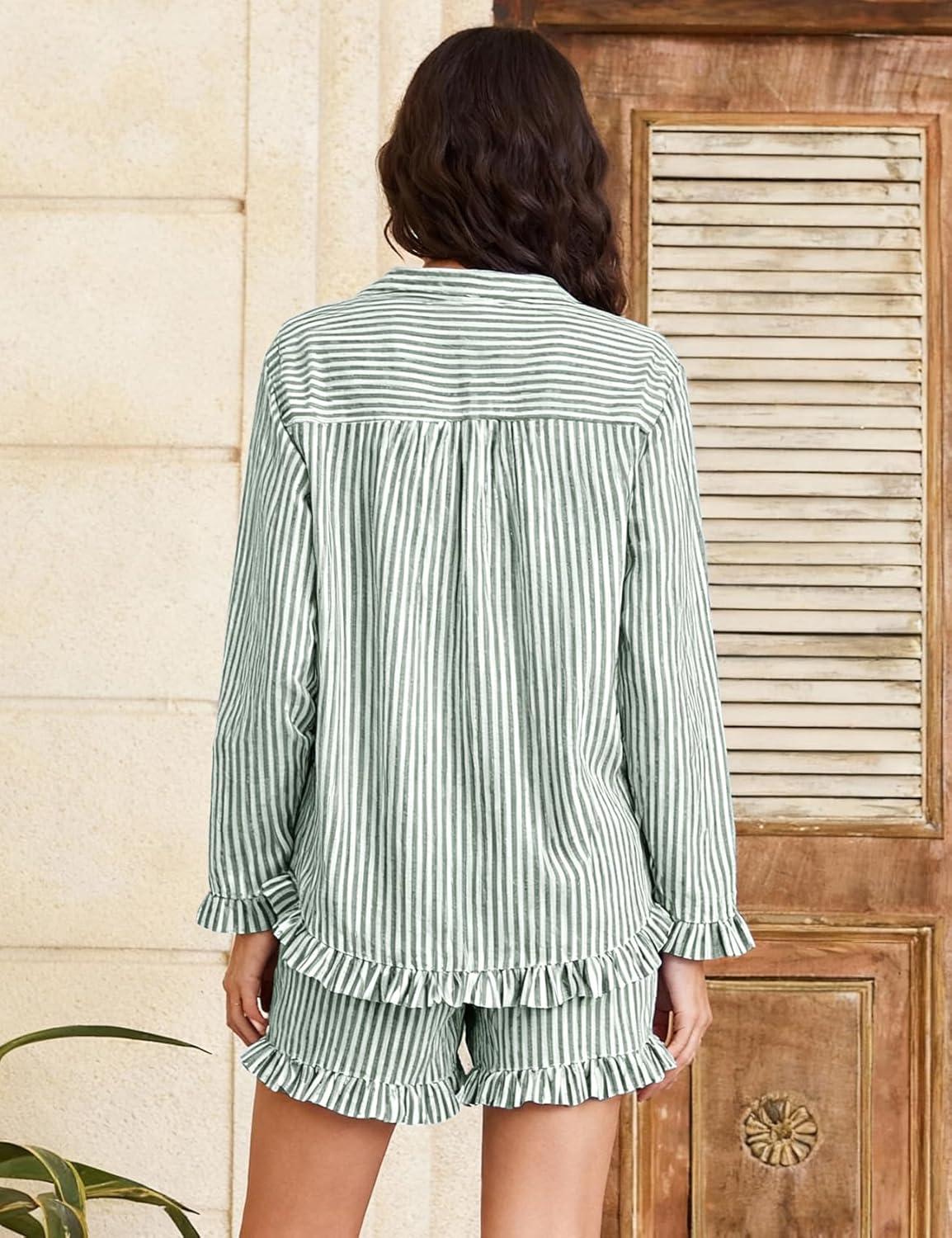 imageFlygo Womens Striped Pajama Sets 2 Piece Cotton Long Sleeve Tops and Pj Shorts Sets Casual Lounge Button Down Cozy SleepwearDarkgreen