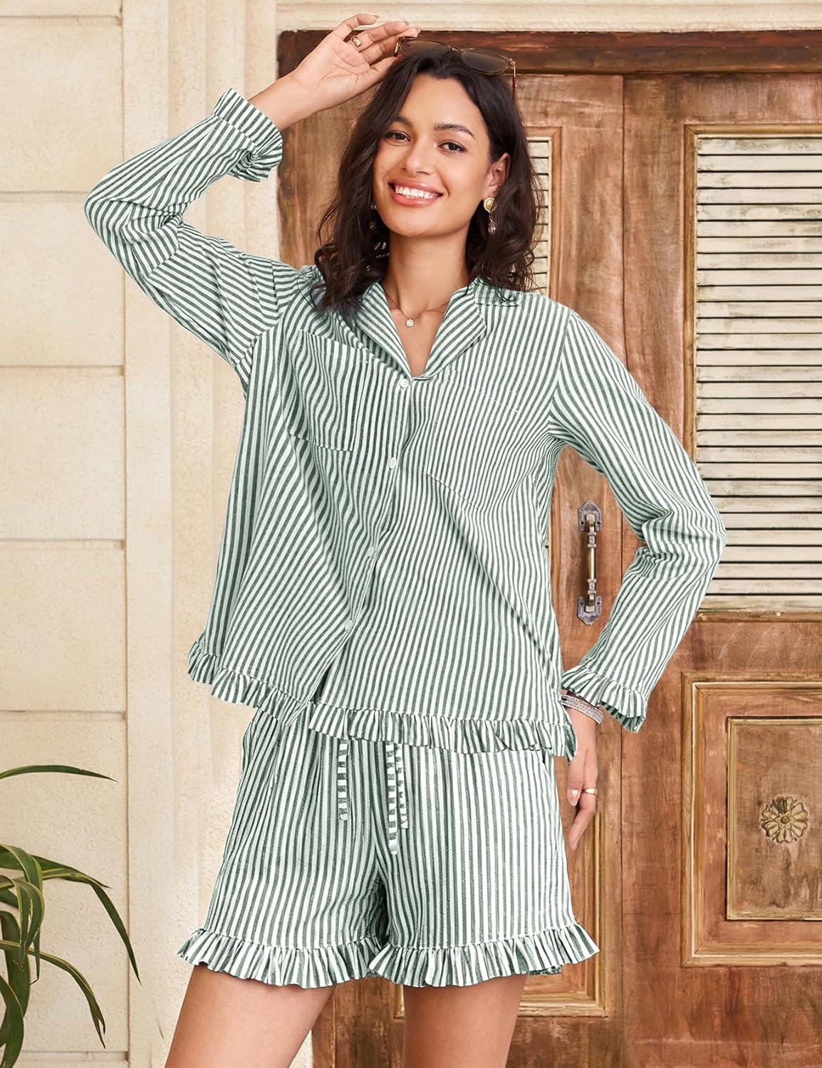 imageFlygo Womens Striped Pajama Sets 2 Piece Cotton Long Sleeve Tops and Pj Shorts Sets Casual Lounge Button Down Cozy SleepwearDarkgreen