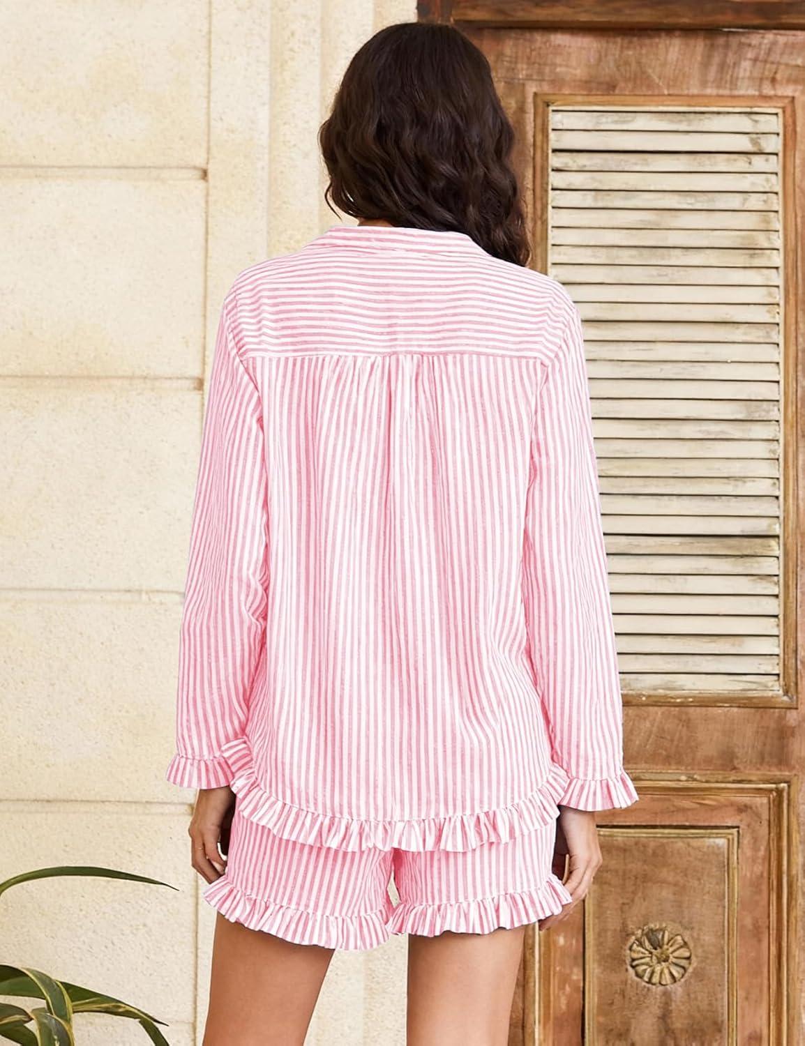 imageFlygo Womens Striped Pajama Sets 2 Piece Cotton Long Sleeve Tops and Pj Shorts Sets Casual Lounge Button Down Cozy SleepwearPink