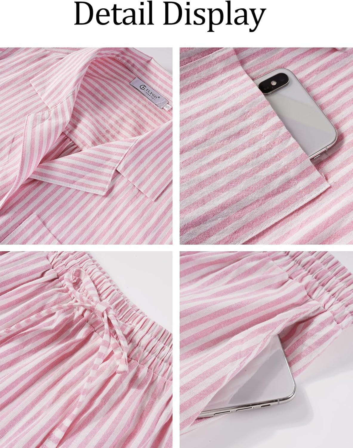 imageFlygo Womens Striped Pajama Sets 2 Piece Cotton Long Sleeve Tops and Pj Shorts Sets Casual Lounge Button Down Cozy SleepwearPink