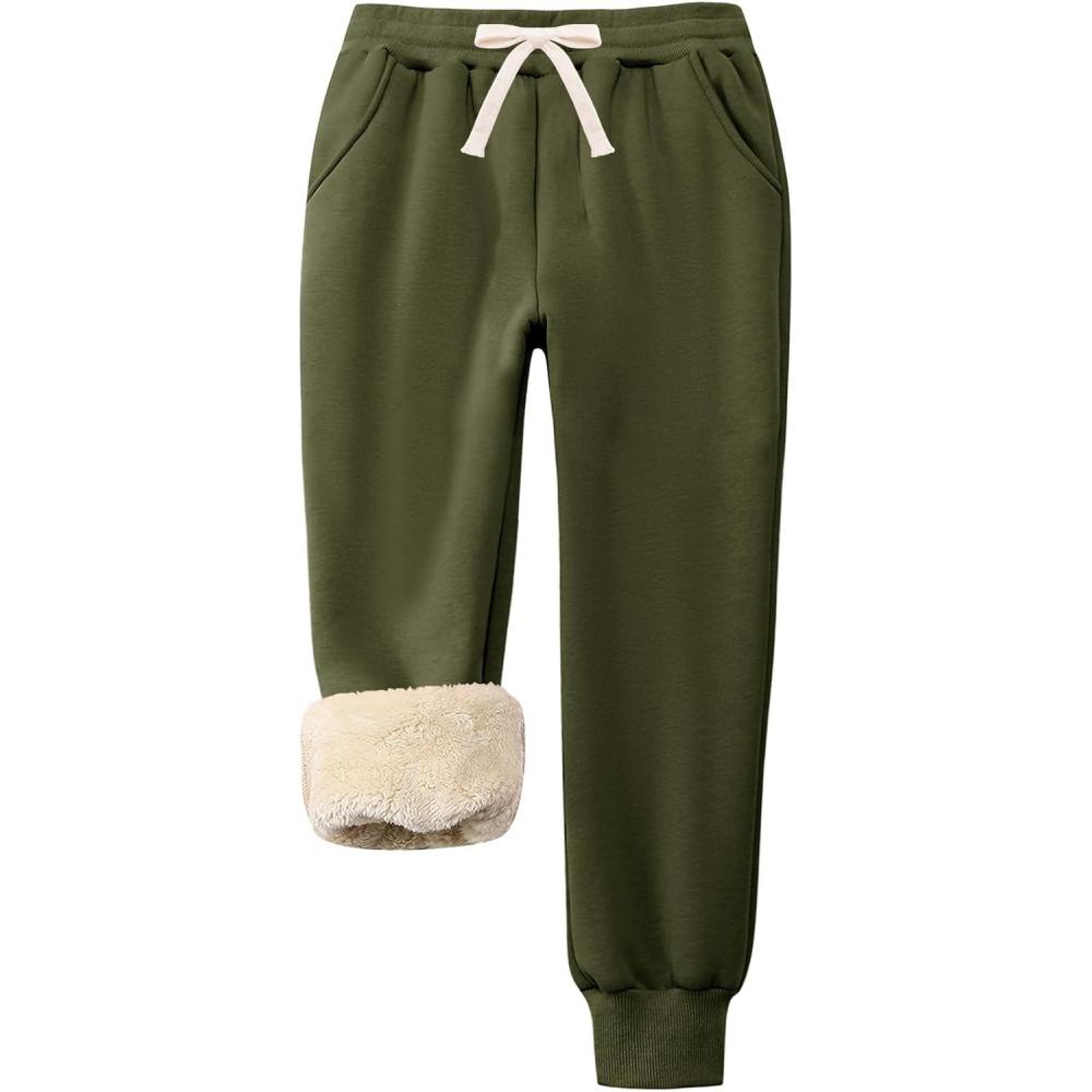 imageFlygo Boys Girls Fleece Pants Sherpa Lined Sweatpants Athletic Joggers Winter Warm Unisex Kids Active PullOn PantsArmy Green