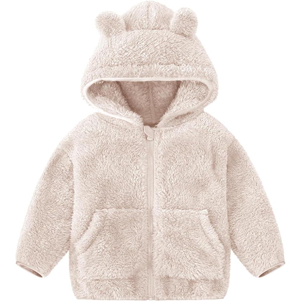 imageFlygo Girls Boys Fleece Hooded Jacket Unisex Toddler Sweatshirt Bear Ear Zip Up Sweater Outwear HoodieBeige