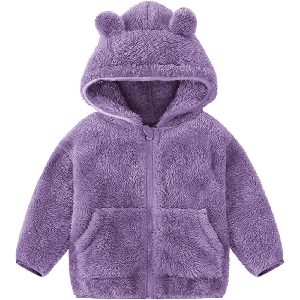 imageFlygo Girls Boys Fleece Hooded Jacket Unisex Toddler Sweatshirt Bear Ear Zip Up Sweater Outwear HoodiePurple