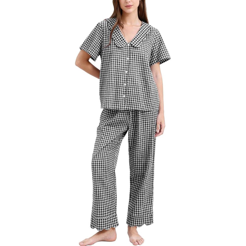 imageFlygo Womens Gingham Pajamas Set Cotton 2 Piece Pj Set Scalloped Collar Babydoll Shirt Pants Plaid Y2K Lounge SetsBlack