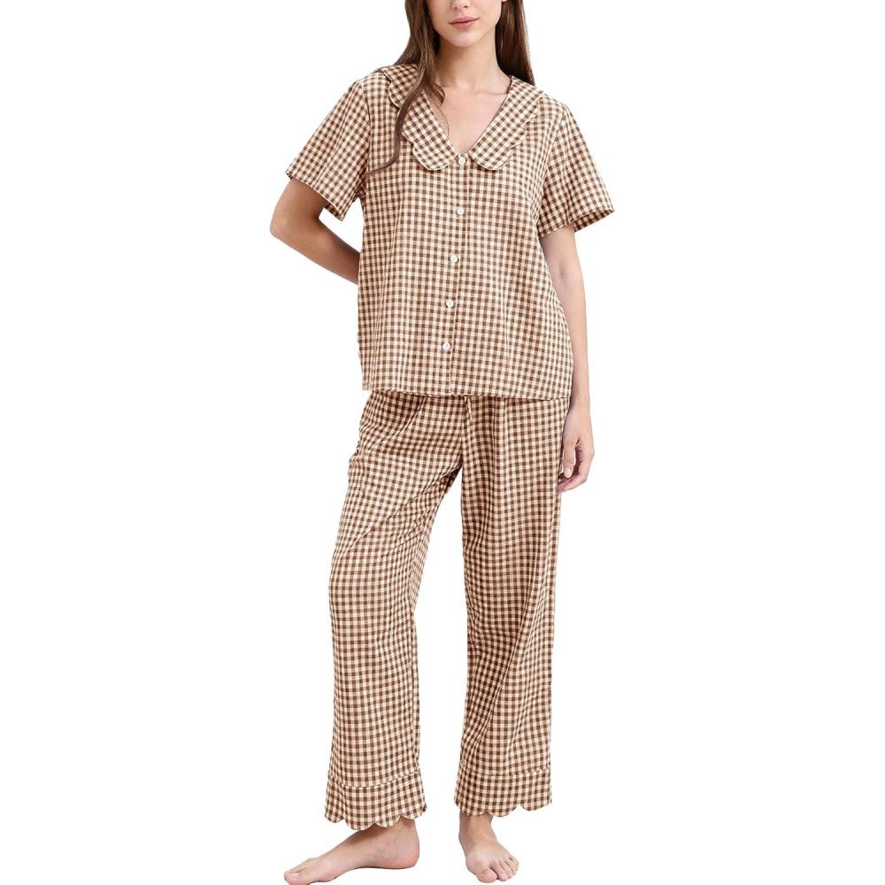 imageFlygo Womens Gingham Pajamas Set Cotton 2 Piece Pj Set Scalloped Collar Babydoll Shirt Pants Plaid Y2K Lounge SetsBrown