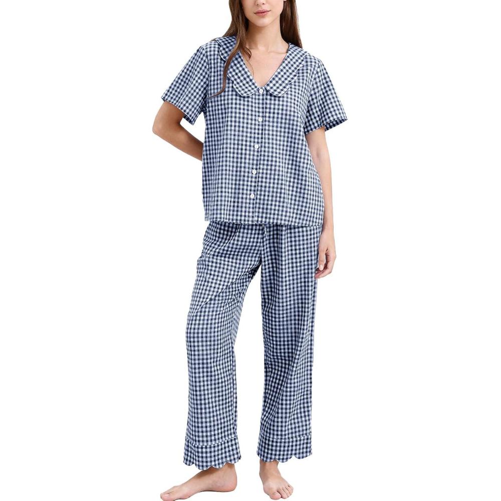 imageFlygo Womens Gingham Pajamas Set Cotton 2 Piece Pj Set Scalloped Collar Babydoll Shirt Pants Plaid Y2K Lounge SetsNavy