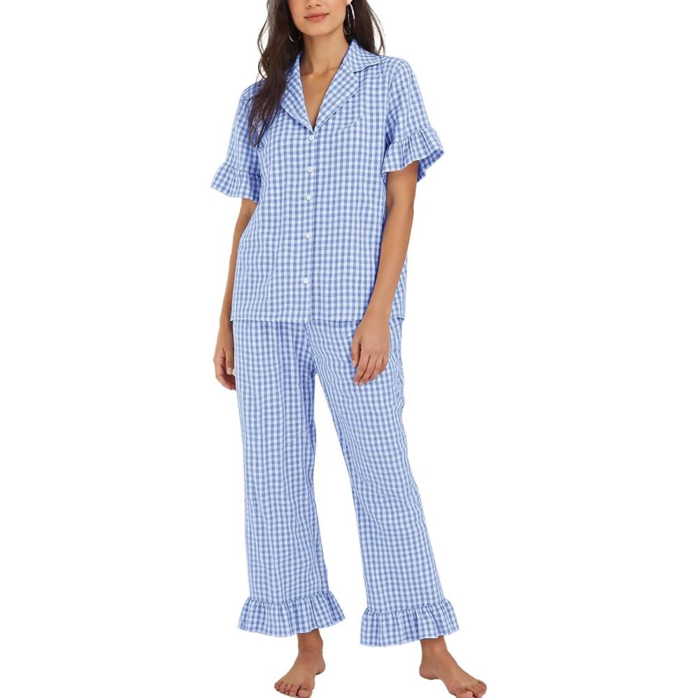 imageFlygo Womens Plaid Pajamas Sets 2 Piece Cotton Pj Set Ruffled Sleeve Button Down Shirt Gingham Pants Lounge SetsBlue