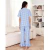 imageFlygo Womens Plaid Pajamas Sets 2 Piece Cotton Pj Set Ruffled Sleeve Button Down Shirt Gingham Pants Lounge SetsBlue