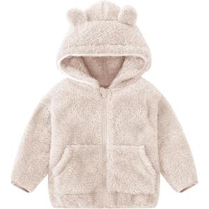 imageFlygo Girls Boys Fleece Hooded Jacket Unisex Toddler Sweatshirt Bear Ear Zip Up Sweater Outwear HoodieBeige