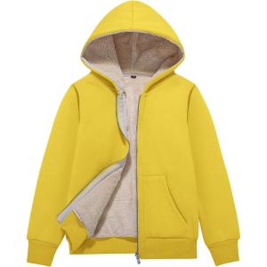 imageFlygo Unisex Boys Girls Fleece Jacket Hoodie Sherpa Lined Zip Up Hooded Sweatshirt Kids Winter JacketsYellow