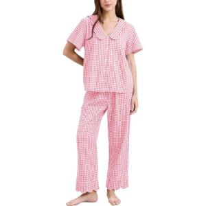 imageFlygo Womens Gingham Pajamas Set Cotton 2 Piece Pj Set Scalloped Collar Babydoll Shirt Pants Plaid Y2K Lounge SetsPink