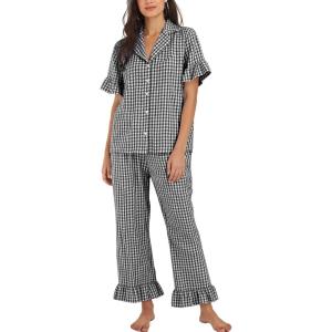 imageFlygo Womens Plaid Pajamas Sets 2 Piece Cotton Pj Set Ruffled Sleeve Button Down Shirt Gingham Pants Lounge SetsBlack