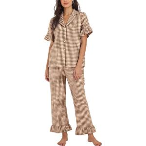 imageFlygo Womens Plaid Pajamas Sets 2 Piece Cotton Pj Set Ruffled Sleeve Button Down Shirt Gingham Pants Lounge SetsBrown