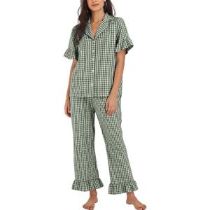 imageFlygo Womens Plaid Pajamas Sets 2 Piece Cotton Pj Set Ruffled Sleeve Button Down Shirt Gingham Pants Lounge SetsDark Green