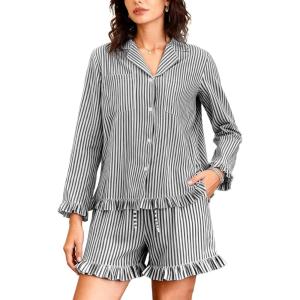 imageFlygo Womens Striped Pajama Sets 2 Piece Cotton Long Sleeve Tops and Pj Shorts Sets Casual Lounge Button Down Cozy SleepwearBlack