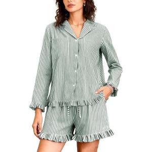 imageFlygo Womens Striped Pajama Sets 2 Piece Cotton Long Sleeve Tops and Pj Shorts Sets Casual Lounge Button Down Cozy SleepwearDarkgreen