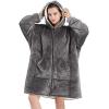imageFlygo Oversized Hoodie Wearable Blanket Fleece Flannel Sweatshirt Warm Zipper Sherpa Lined Blanket for Adults Men WomenDark Grey
