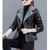 imageFlygo Women Faux Sherpa Fleece Fur Lined Leather PU Lapel Moto Biker Short Jacket CoatGrey