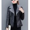 imageFlygo Women Faux Sherpa Fleece Fur Lined Leather PU Lapel Moto Biker Short Jacket CoatGrey