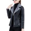 imageFlygo Women Faux Sherpa Fleece Fur Lined Leather PU Lapel Moto Biker Short Jacket CoatGrey