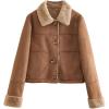 imageFlygo Women Winter Button Sherpa Lined Faux Suede Leather Cropped Jacket Coat with TurnDown CollarBrown