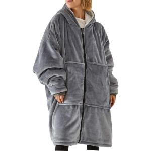 imageFlygo Oversized Hoodie Wearable Blanket Fleece Flannel Sweatshirt Warm Zipper Sherpa Lined Blanket for Adults Men WomenDark Grey