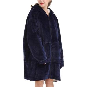 imageFlygo Oversized Hoodie Wearable Blanket Fleece Flannel Sweatshirt Warm Zipper Sherpa Lined Blanket for Adults Men WomenNavy