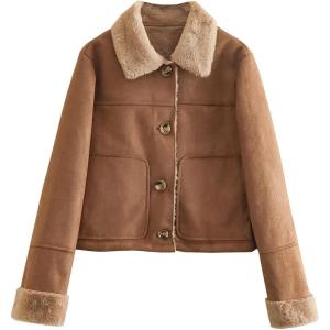 imageFlygo Women Winter Button Sherpa Lined Faux Suede Leather Cropped Jacket Coat with TurnDown CollarBrown