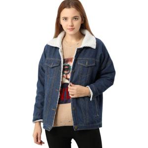 imageFlygo Womens Casual Loose Warm Sherpa Lined Denim Tucker Jacket Jean Coat OuterwearBlue