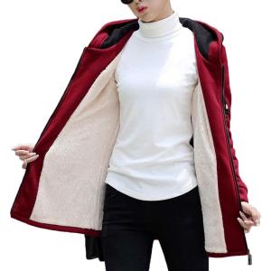 imageFlygo Womens Casual Warm Sherpa Lined Zipper Hooded MidLong Sweatshirt Jacket CoatWine Red