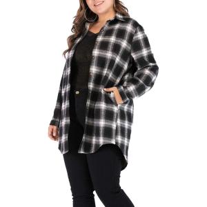 imageFlygo Womens Classic Sherpa Lined Button Down Loose Mid Long Plaid Shirt JacketBlack Plaid