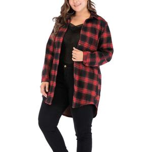 imageFlygo Womens Classic Sherpa Lined Button Down Loose Mid Long Plaid Shirt JacketRed Plaid